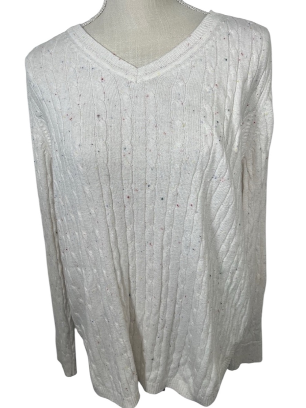 Kim Rogers Women's Ivory Speckled V‑Neck Cable Knit Sweater Size Large